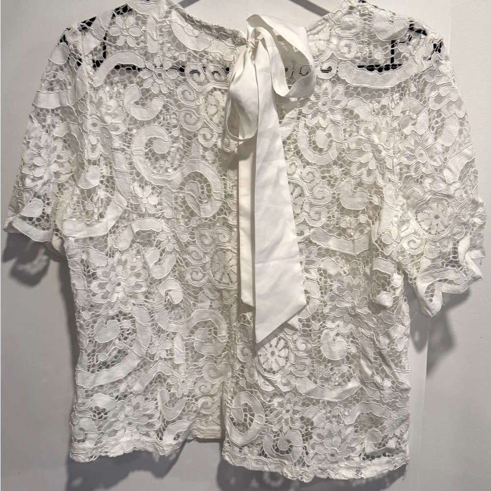 Nanette Lepore Lace blouse Top ivory white Scalopped romantic floral bow layer M